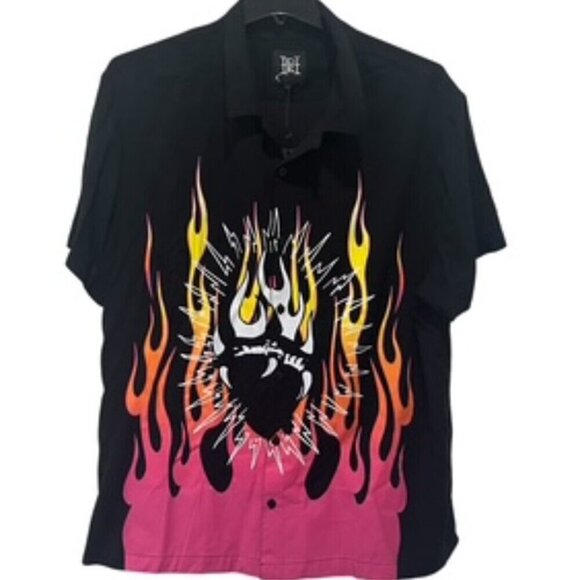 NEW Ed‎ Hardy Tattoo Black Button up Camp Shirt Men's xL Flames Button Up… - Picture 2 of 12